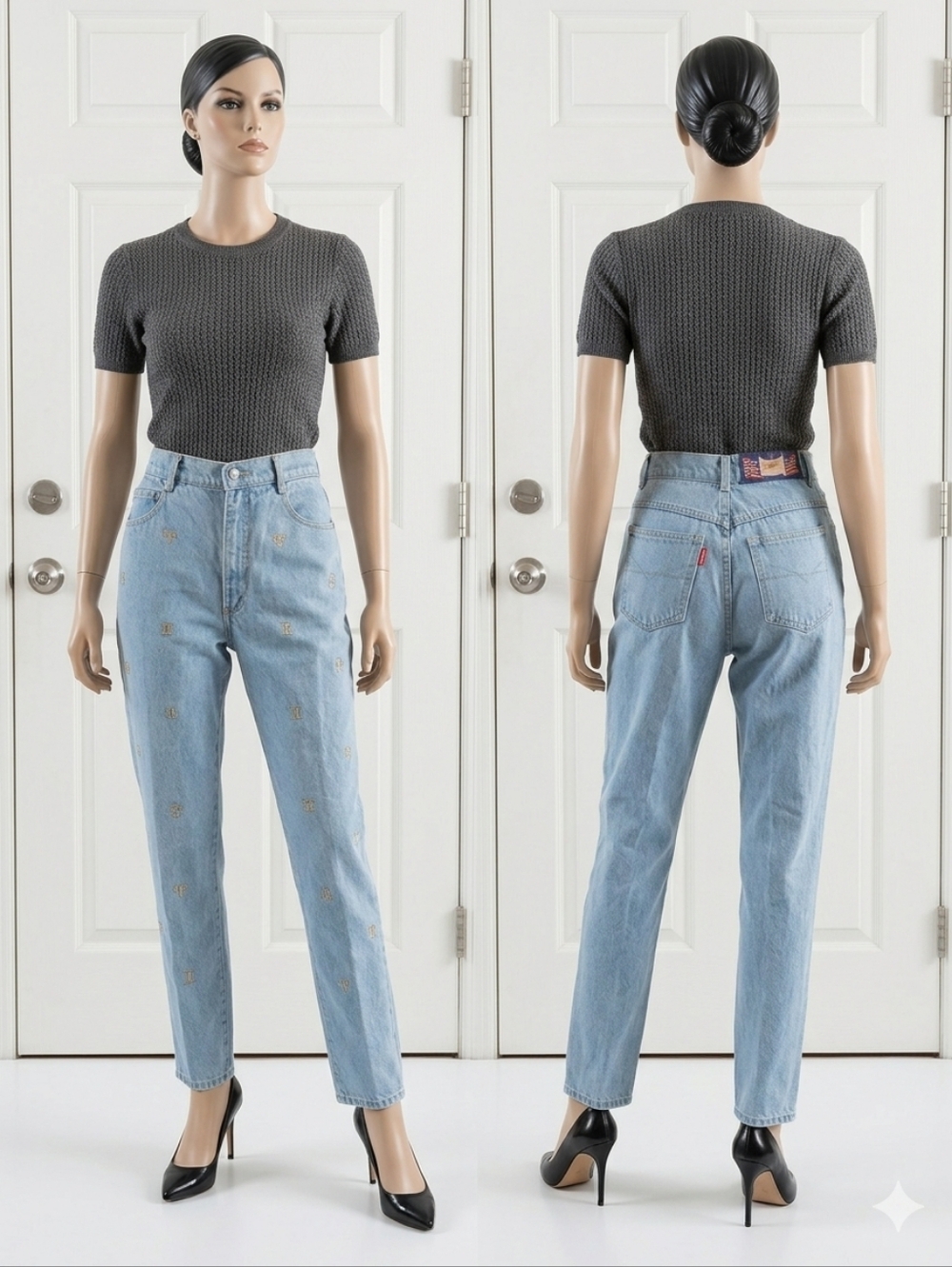 Vintage Monique Jeans Light Blue High-Rise Jeans with Astrology Embroidery